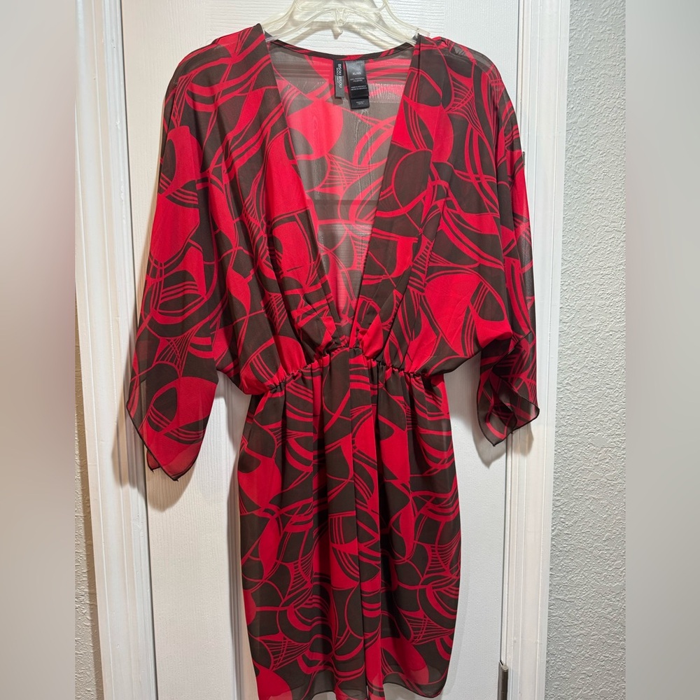 Bisou Bisou Red and Brown Geometric Dress